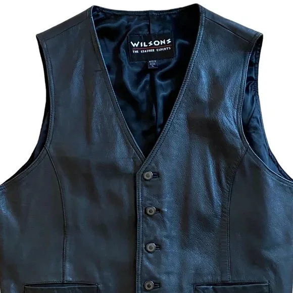 Vintage Wilsons Black All Leather 90s Y2K Moto Biker Rodeo Western Vest-XL - Picture 4 of 14